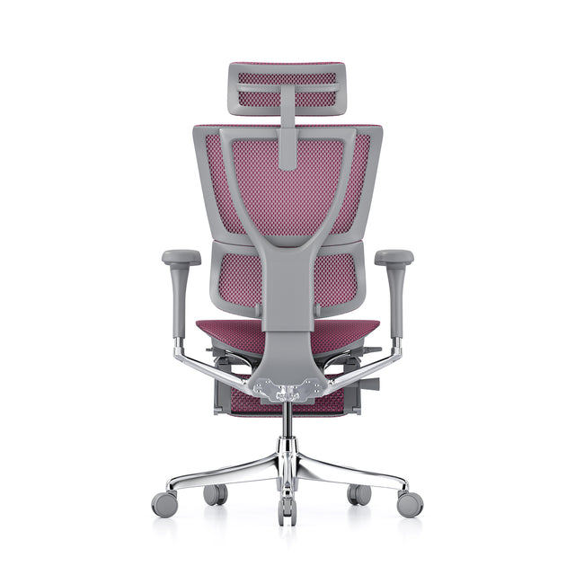 back view of the mirus chair, grey frame, pink mesh, with headrest, coathanger popped open