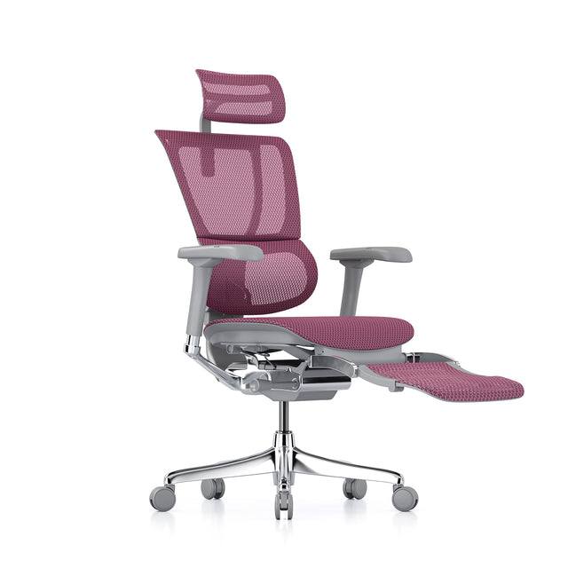 mirus office chair in grey frame and pink mesh, front right 45-degree angle with legrest unfolded