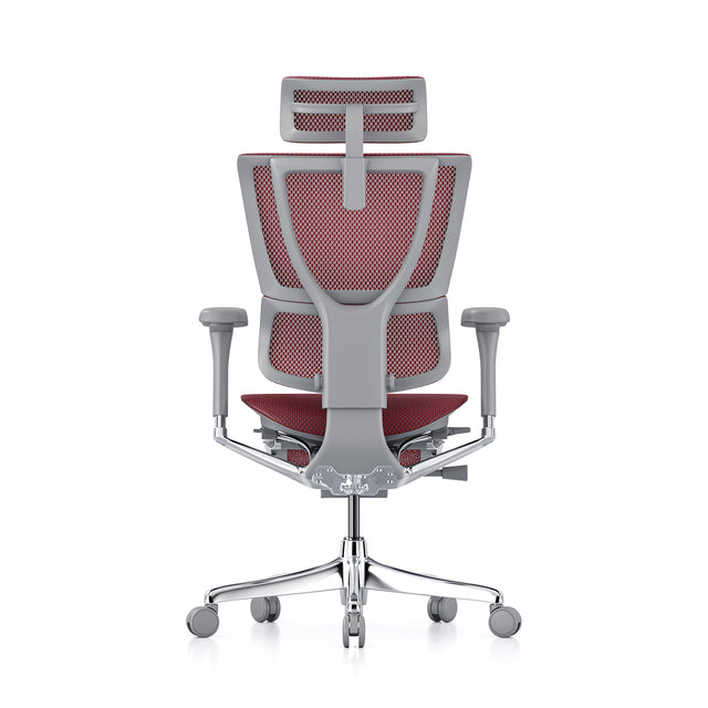 back view of the mirus office chair in grey frame and red mesh, with headrest