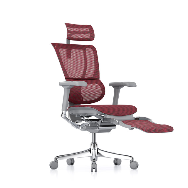 mirus office chair in grey frame and scarlet mesh, front right 45-degree angle with legrest unfolded