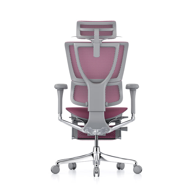 back view of the mirus elite g2, grey frame, pink mesh, with headrest and legrest, coathanger popped open