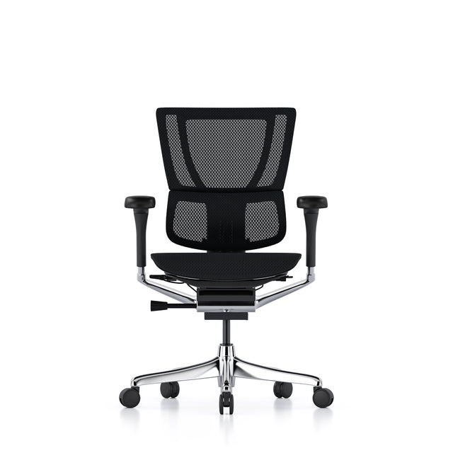 mirus office chair, black frame, black mesh, front view without headrest