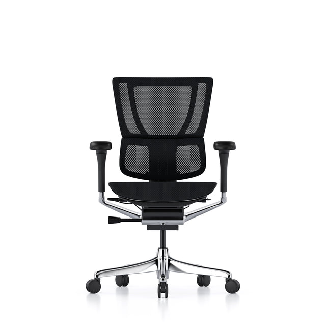 Mirus office chair with black mesh upholstery, black frame and no headrest.