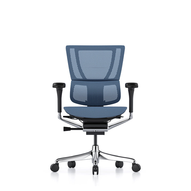 front view of the mirus office chair in black frame and cobalt mesh, no headrest