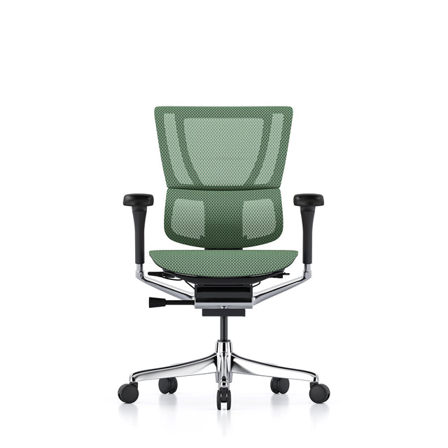 front view of the mirus office chair in black frame and green mesh, no headrest