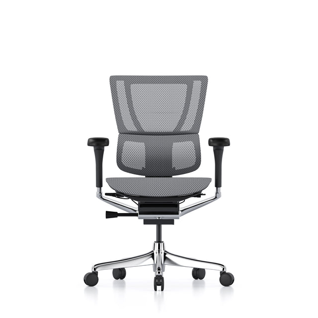mirus office chair, black frame, grey mesh, front view without headrest