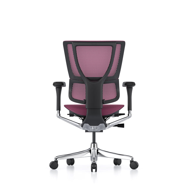 back view of mirus office chair, black frame, pink mesh, without headrest