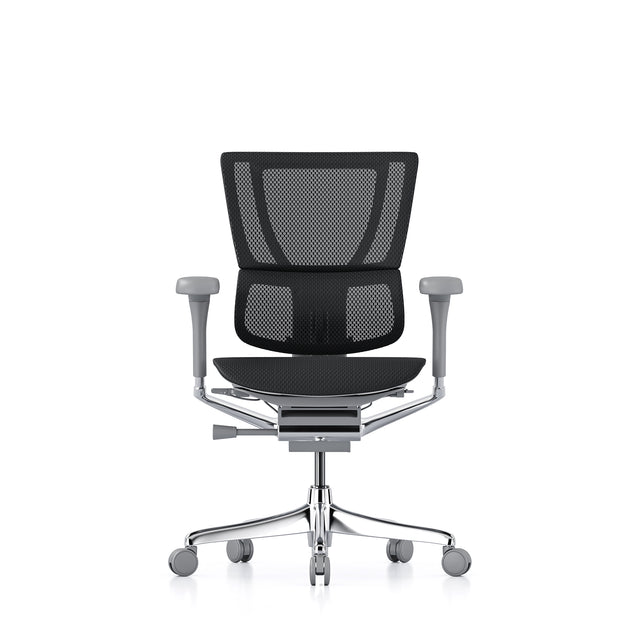 mirus office chair, grey frame, black mesh, front view