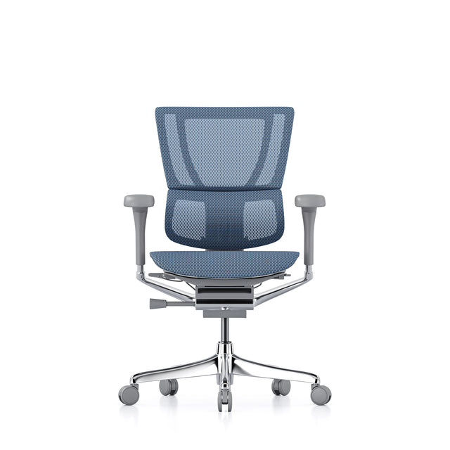 mirus office chair, grey frame, cobalt mesh, front view
