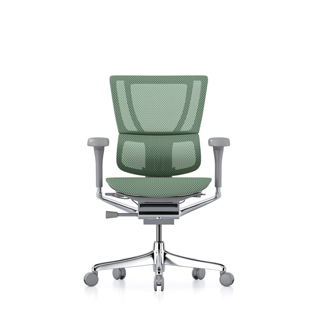 mirus office chair, grey frame, green mesh, front view
