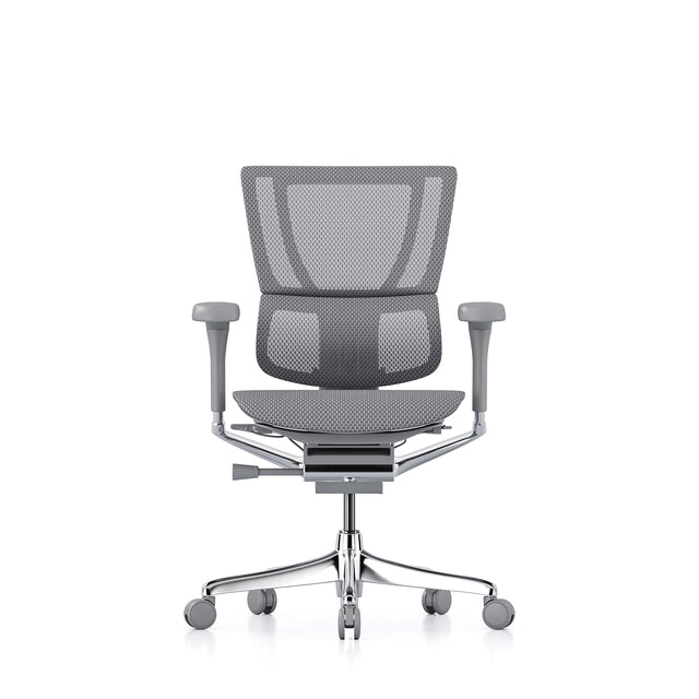 mirus office chair, grey frame, grey mesh, front view